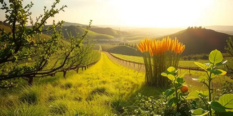 A serene landscape filled with vegetables and fruits that reflect healthy nutrition.