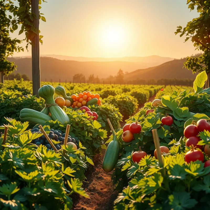 A lush landscape representing the abundance of healthy nutrition, with vibrant fruits and vegetables growing naturally.