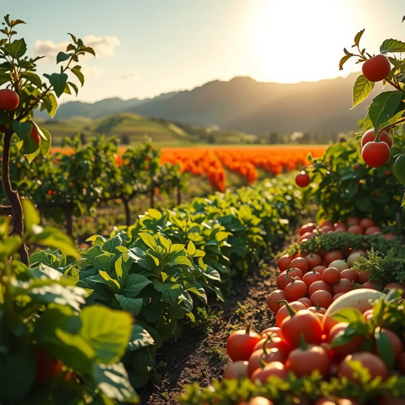 A vibrant sunlit field filled with fresh vegetables and fruits, showcasing the abundance of whole foods.