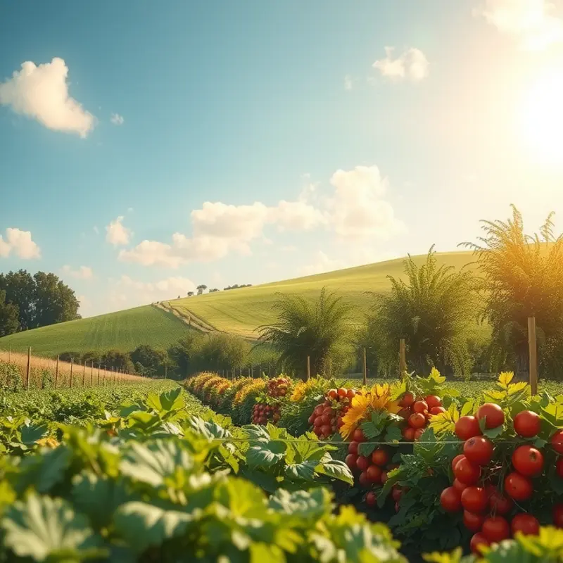 A serene sunlit field showcasing the abundance of healthy organic produce, symbolizing the nutritional benefits of chia seeds.