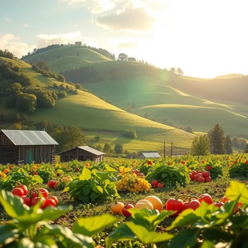 A sunlit landscape depicting the abundance of nature’s produce, emphasizing healthy eating.