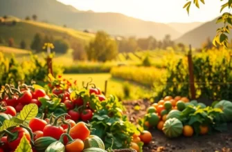 A serene landscape filled with various organic fruits and vegetables under natural lighting.