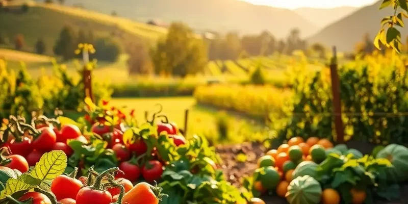 A serene landscape filled with various organic fruits and vegetables under natural lighting.