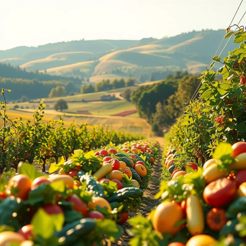 A vibrant field showcasing organic vegetables and fruits, representing healthy meal options.