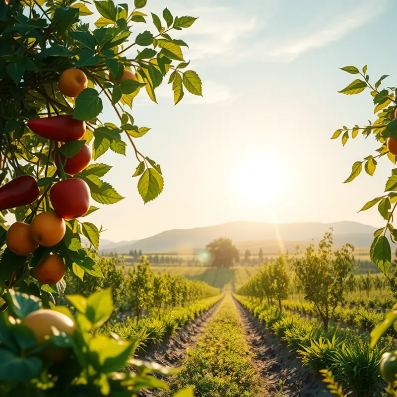 A serene landscape with abundant nut trees and vibrant crops.