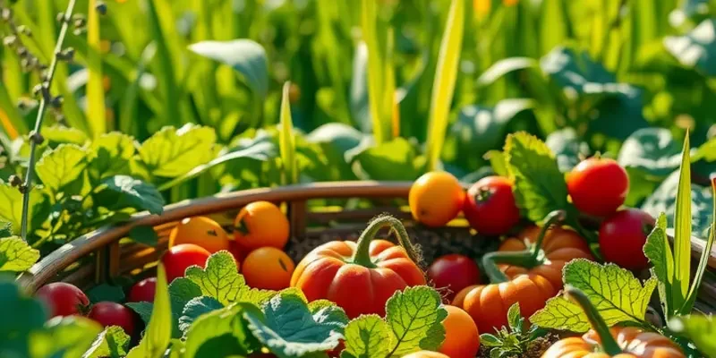 A scenic landscape of a sunlit field filled with organic vegetables and fruits, symbolizing the health benefits of oat straw.