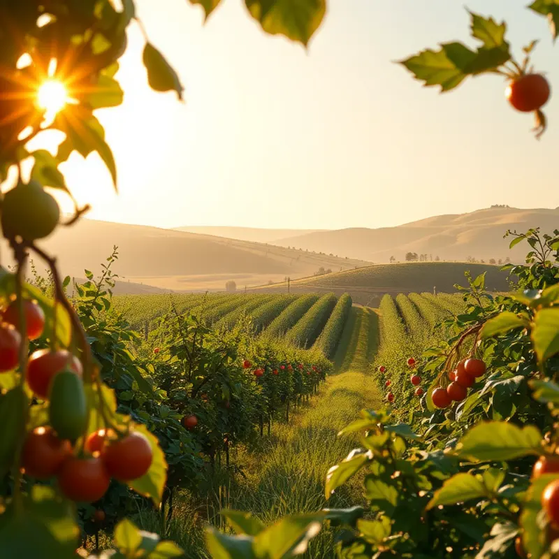 A sunlit field showcasing vibrant vegetables and fruits, symbolizing the natural benefits of olive oil.
