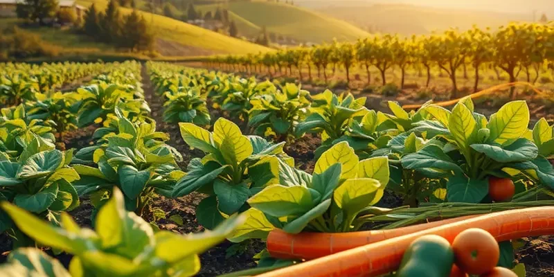 A sunny field filled with various fresh vegetables and fruits, ideal for encouraging one-pot cooking and meal prep.