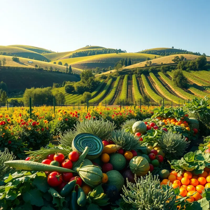 A sunlit field showcasing vibrant produce in a serene natural setting.