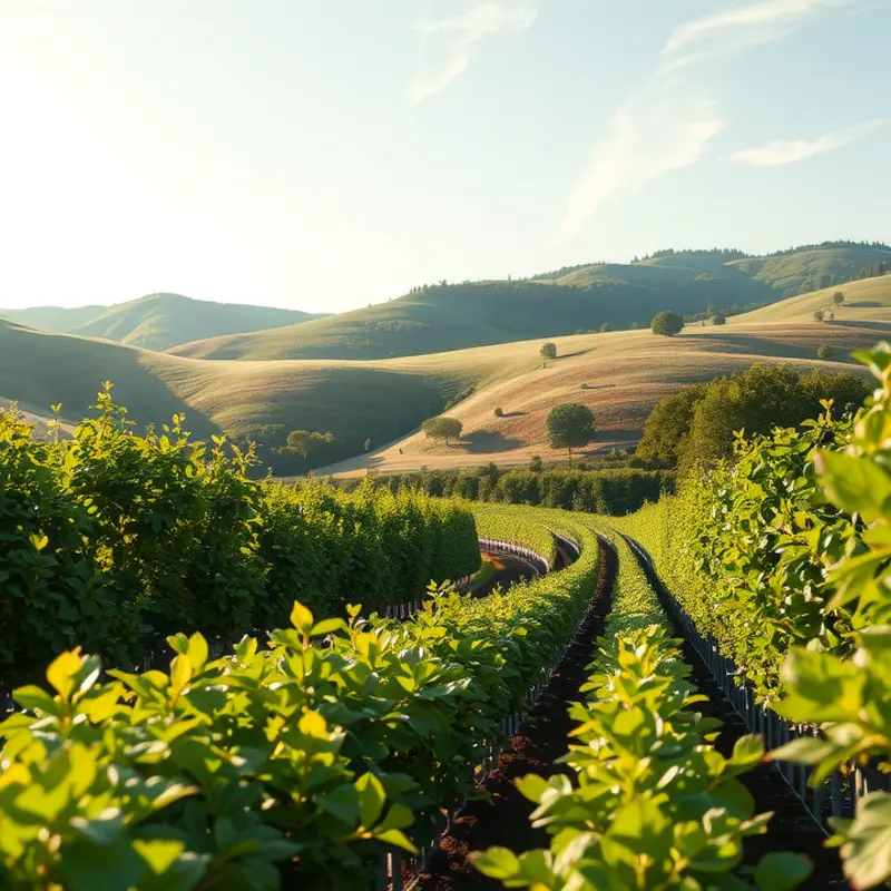 A vibrant sunlit field filled with fresh fruits and vegetables, representing abundance and freshness.
