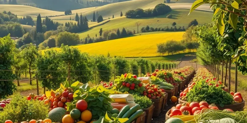 A sunlit orchard illustrating the concept of fresh organic produce with a natural landscape.