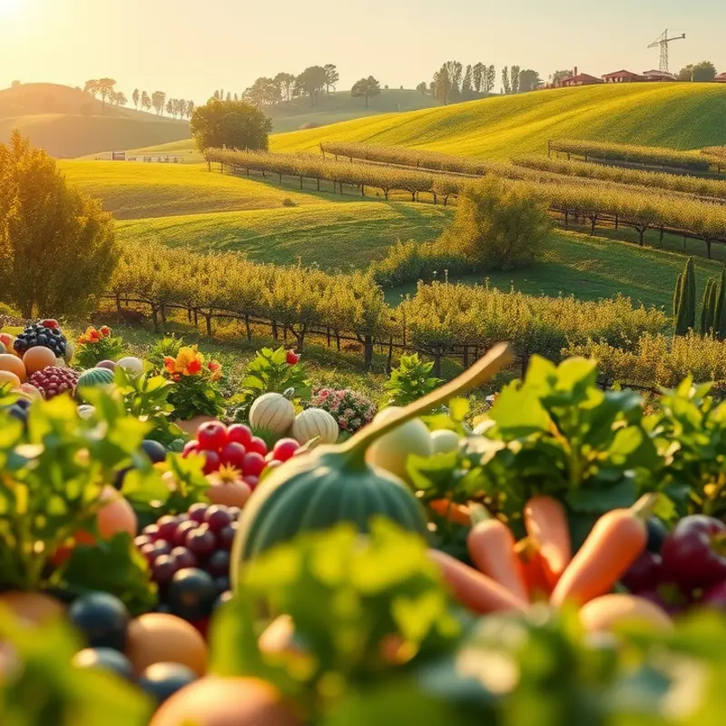 A sunlit field brimming with vibrant vegetables and fruits.