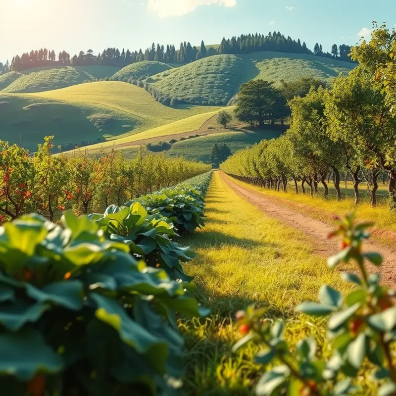 A beautiful sunlit field filled with vibrant, organic vegetables and fruits.