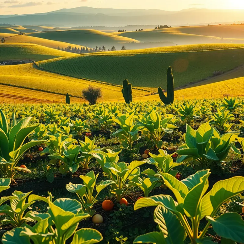 A vibrant sunlit field showcasing lush organic vegetables and fruits.