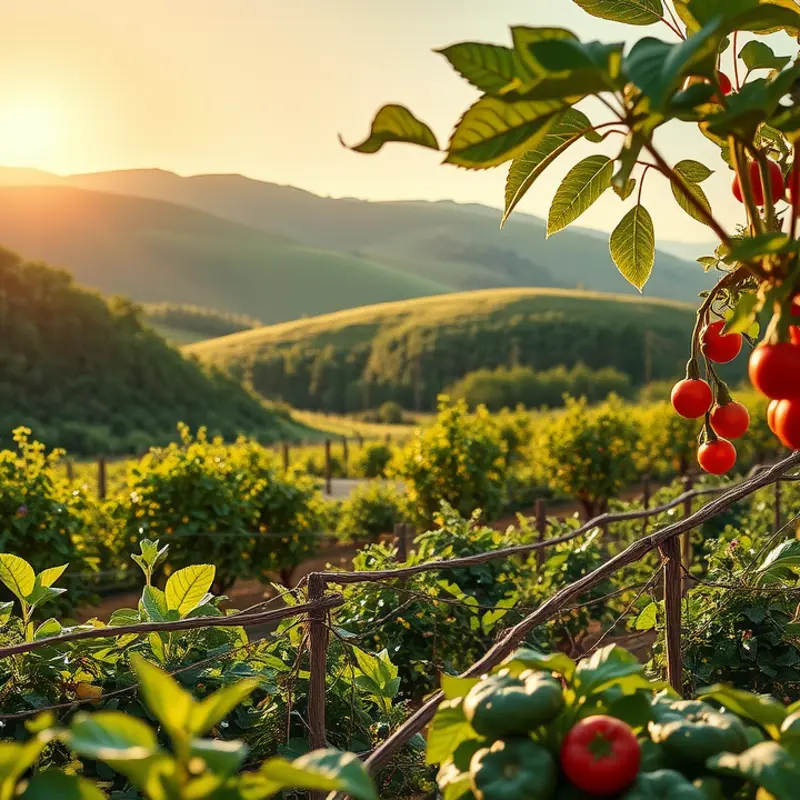 A vibrant sunlit field brimming with fresh, organic fruits and vegetables.
