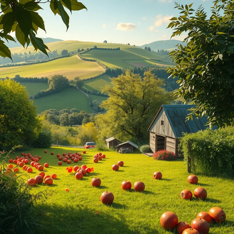 A vibrant sunlit field abundant with organic fruits and vegetables.