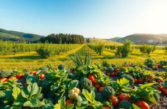 A vibrant orchard demonstrating the freshness of organic fruits and vegetables in natural light.