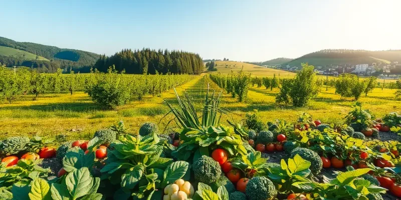 A vibrant orchard demonstrating the freshness of organic fruits and vegetables in natural light.