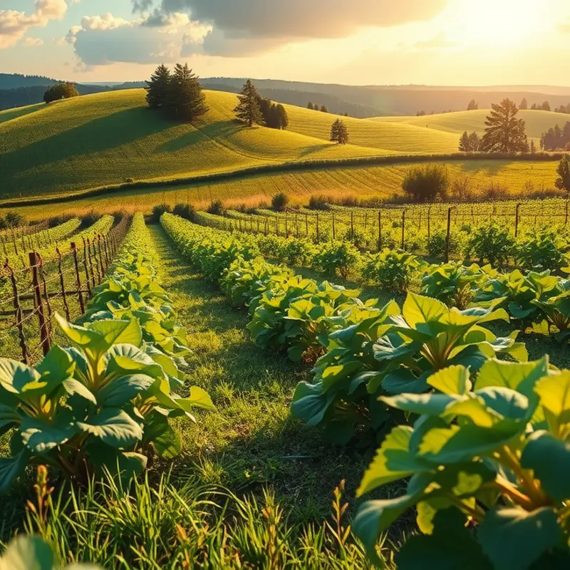 A serene sunlit field rich with organic fruits and vegetables.