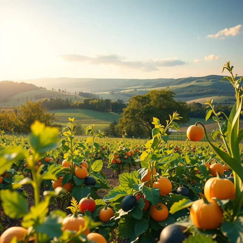 A sunlit field showcasing vibrant vegetables and fruits in harmony with nature.
