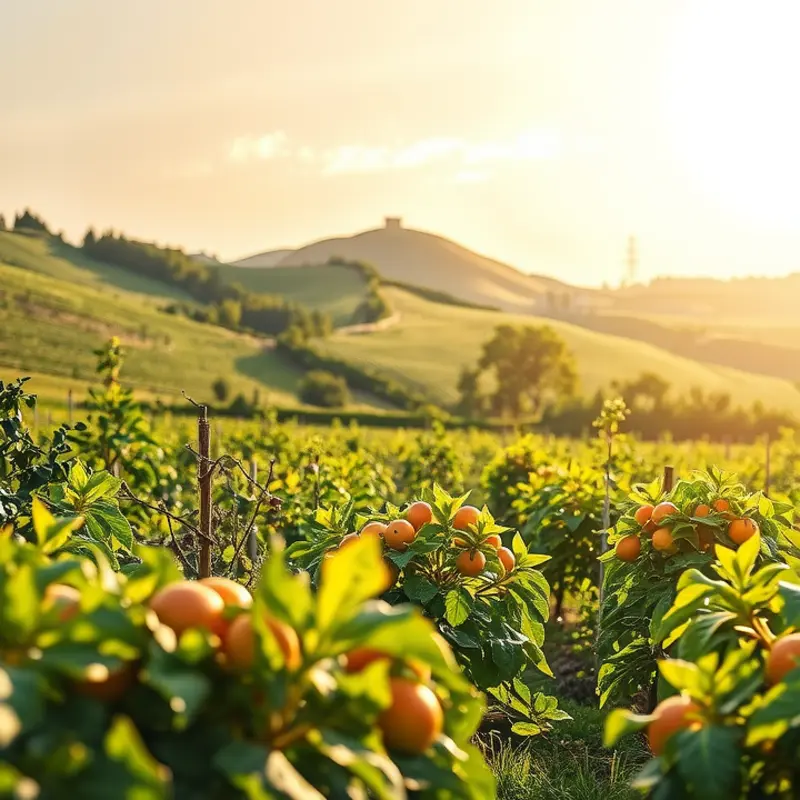 A picturesque sunlit field filled with vibrant vegetables and fruits, symbolizing the abundance of organic produce.