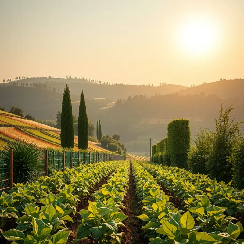 A vibrant sunlit field with thriving herbs and vegetables.