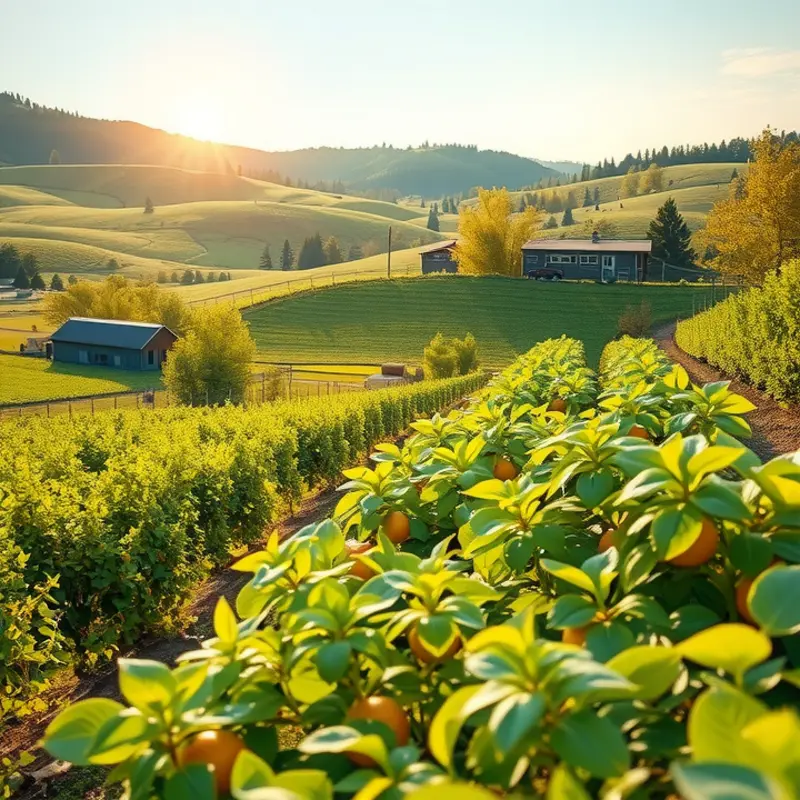 A vibrant sunlit field showcasing the abundance of organic fruits and vegetables.