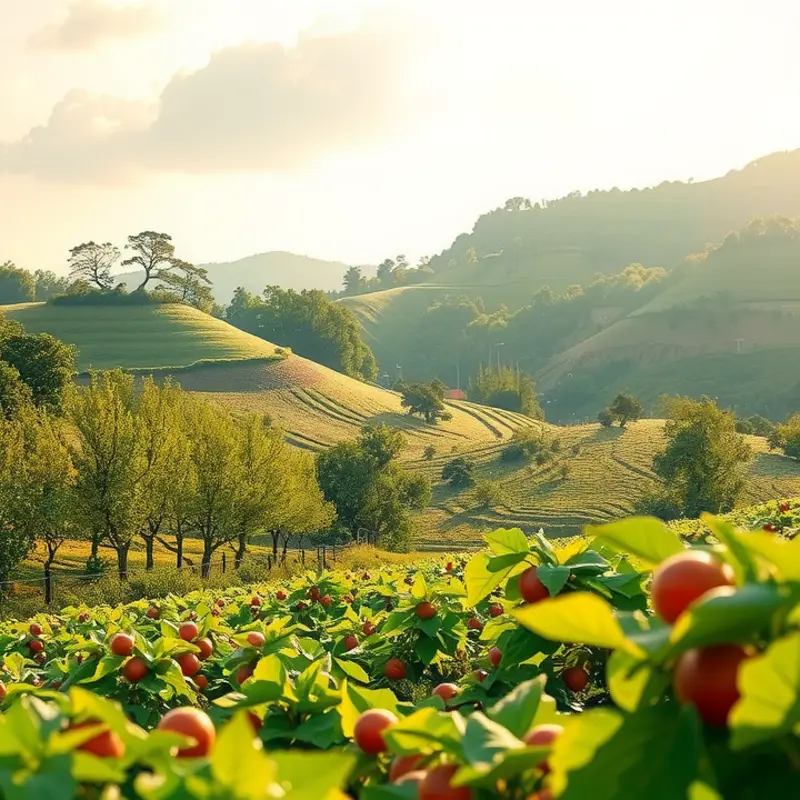 A vibrant sunlit field showing an abundance of fruits and vegetables.