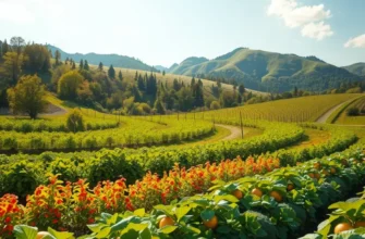 An organic farm landscape showcasing an abundance of herbs and vegetables in a natural setting.