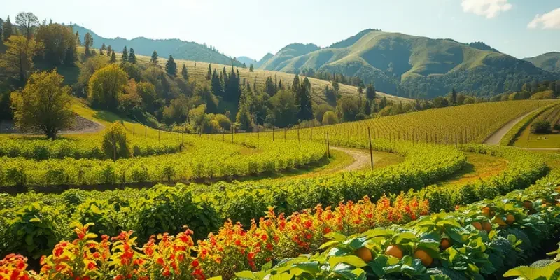 An organic farm landscape showcasing an abundance of herbs and vegetables in a natural setting.