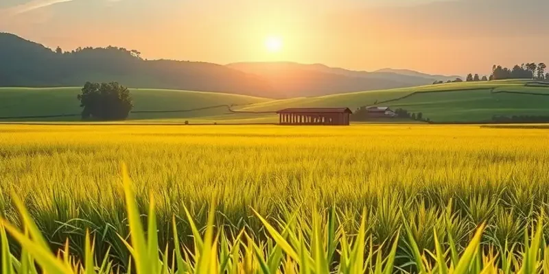 A sunlit field filled with vibrant vegetables and fruits in a picturesque natural setting.