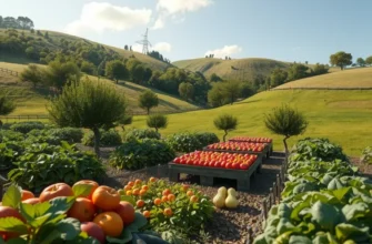 A serene sunlit landscape filled with various organic vegetables and fruits under warm lighting.
