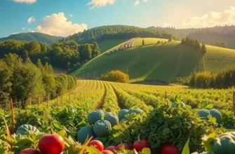 A photorealistic view of a lush field with an abundance of organic fruits and vegetables.