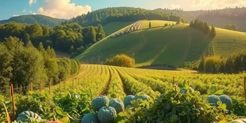 A photorealistic view of a lush field with an abundance of organic fruits and vegetables.