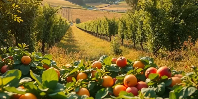 Beautiful landscape showcasing organic grains and fresh vegetables, representing natural brewing elements.