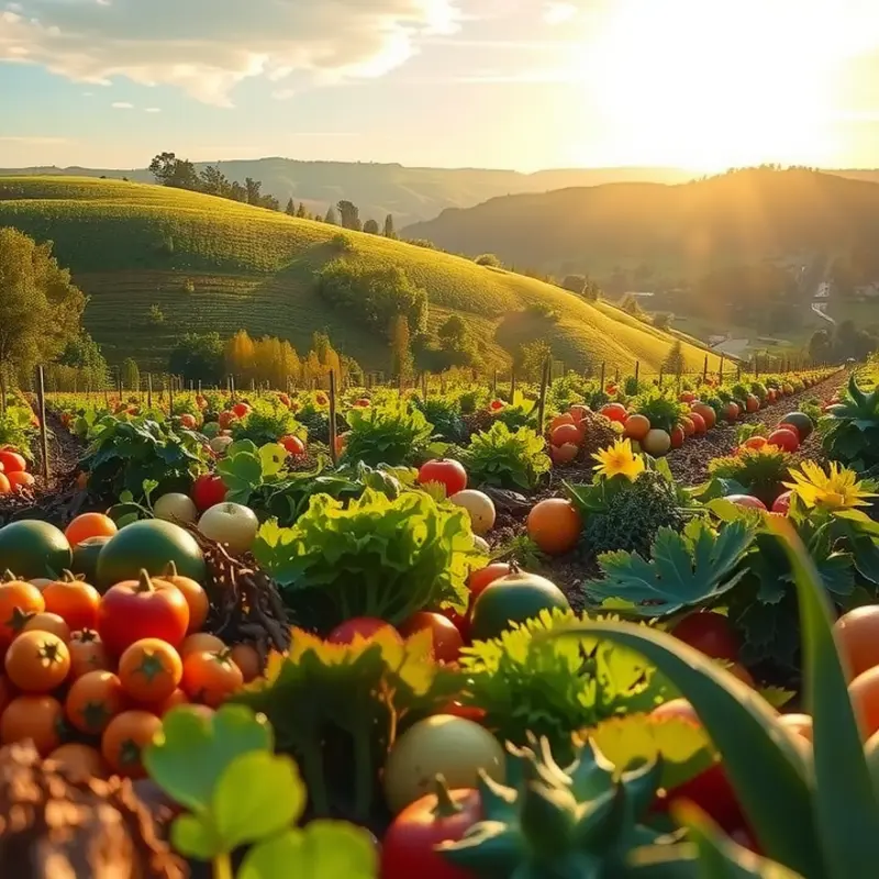 A vibrant sunlit field showcasing an abundance of organic fruits and vegetables.