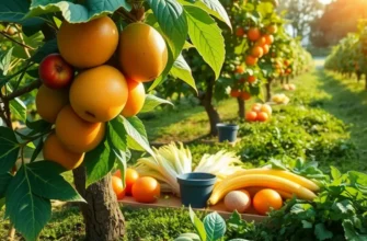A vibrant organic farm with a variety of fruits and vegetables under the soft glow of sunlight.