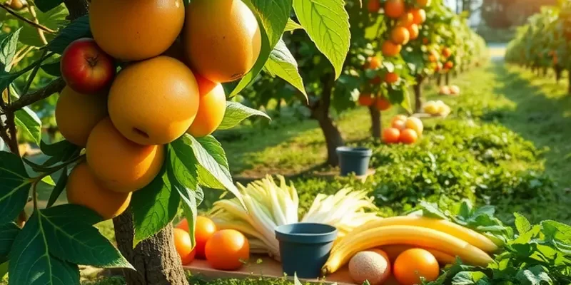 A vibrant organic farm with a variety of fruits and vegetables under the soft glow of sunlight.