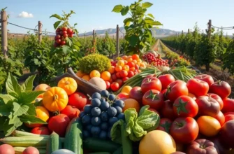 A beautiful outdoor view of an organic farm filled with diverse vegetables and fruits under bright sunlight, showcasing healthy nutrition.