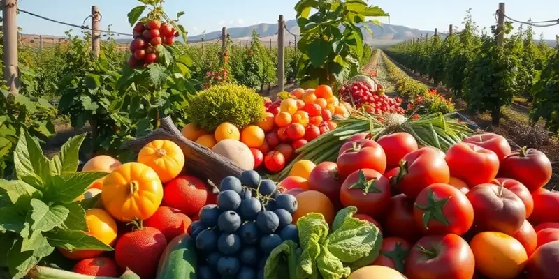 A beautiful outdoor view of an organic farm filled with diverse vegetables and fruits under bright sunlight, showcasing healthy nutrition.