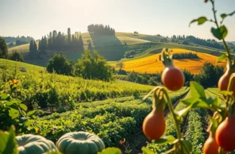 An expansive orchard vibrant with fresh organic vegetables and fruits.