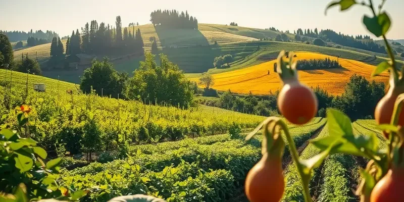 An expansive orchard vibrant with fresh organic vegetables and fruits.