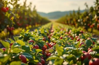An expansive field representing organic farming, abundant with vegetables and fruits in a serene natural environment.