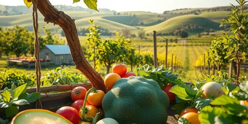 A bright and colorful field filled with fresh vegetables and fruits.