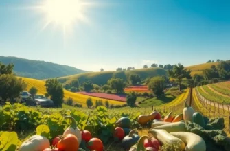 An expansive scene of an organic orchard with a variety of fruits and vegetables, emphasizing healthy eating.