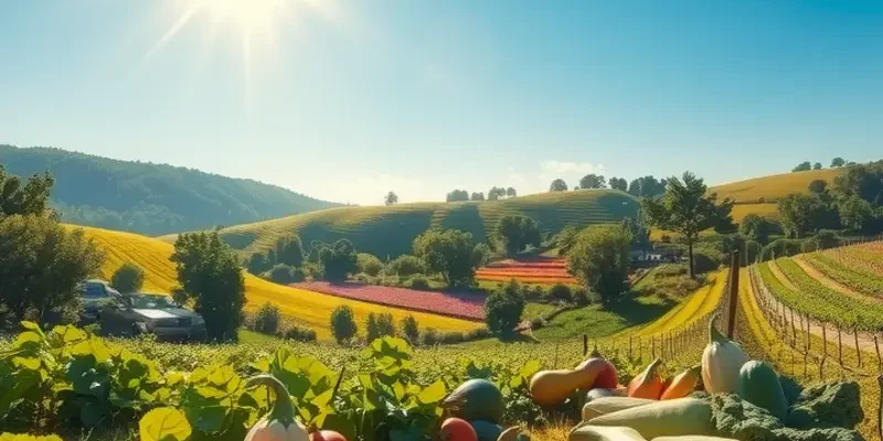 An expansive scene of an organic orchard with a variety of fruits and vegetables, emphasizing healthy eating.