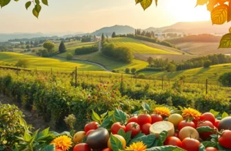 A scenic views capturing organic fruit and vegetables growing naturally under soft sunlight.