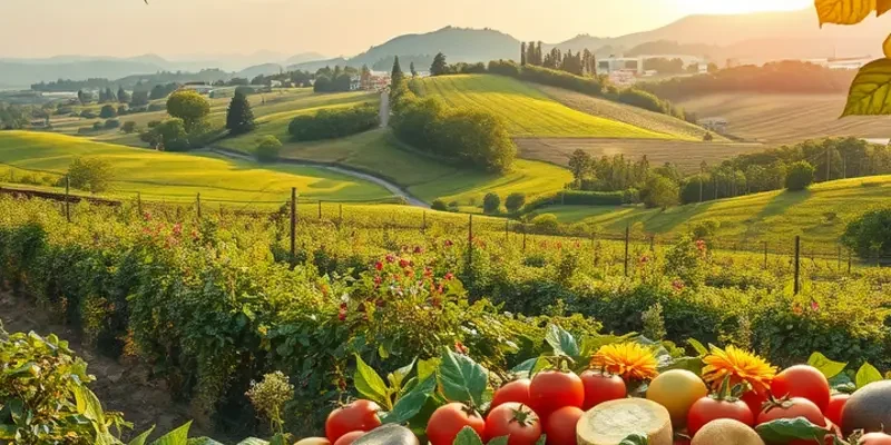 A scenic views capturing organic fruit and vegetables growing naturally under soft sunlight.