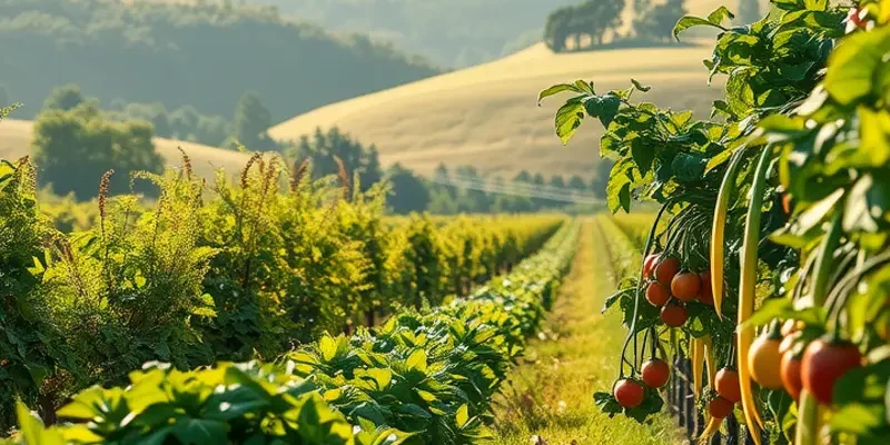 A photorealistic field with abundant vegetables and fruits, showcasing the beauty of organic agriculture.
