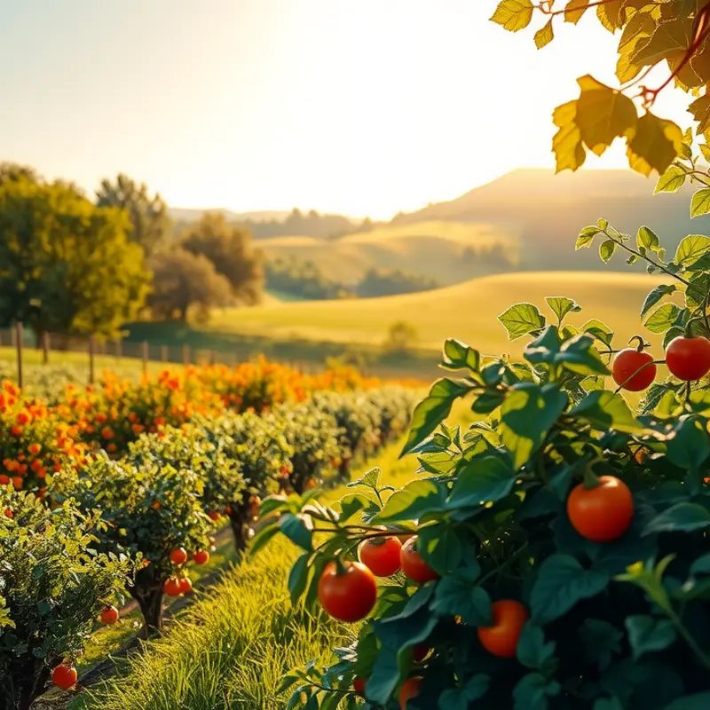 A lush organic field showcasing vibrant fruits and vegetables.